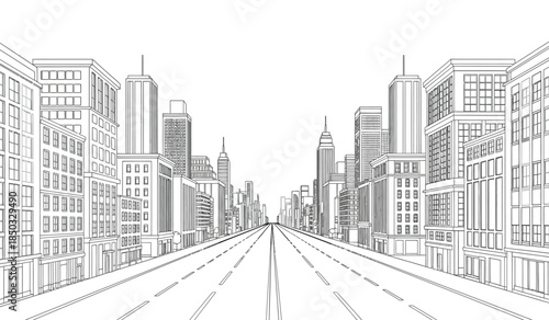 a detailed line drawing depicts a long straight city street receding into the distance flanked by tall buildings and skyscrapers showcasing urban architecture