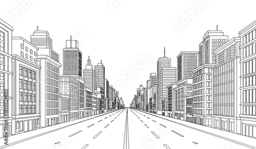a detailed architectural rendering depicts a long straight city street lined with numerous tall buildings showcasing a futuristic urban landscape in monochrome
