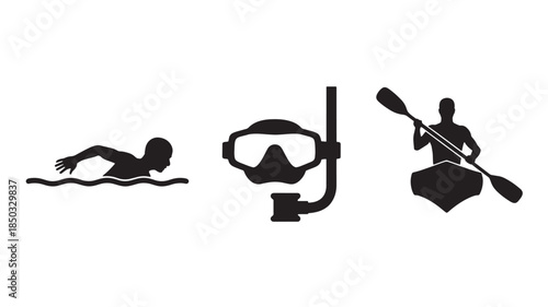 Water Sports Silhouettes in Simple Modern Style with Black Color on White Background for Active Lifestyle