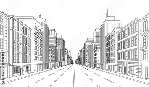 An architectural rendering depicts a long straight city street lined with tall buildings and a vanishing point perspective high quality professional detailed modern