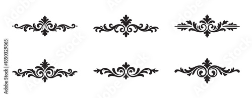 Set of six elegant black ornamental dividers and flourishes