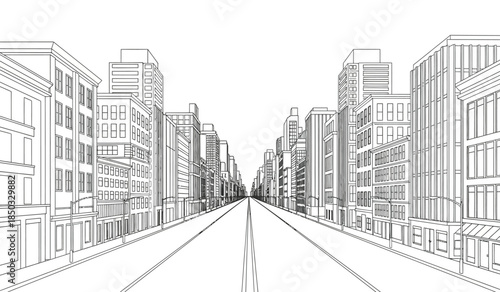 a detailed architectural rendering showcases a long straight city street lined with tall buildings creating a sense of urban depth and perspective