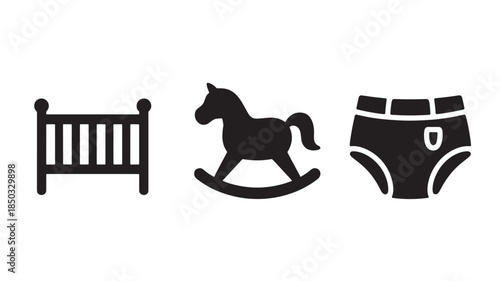 Baby icons in simple flat design with black color on white background for nursery decor