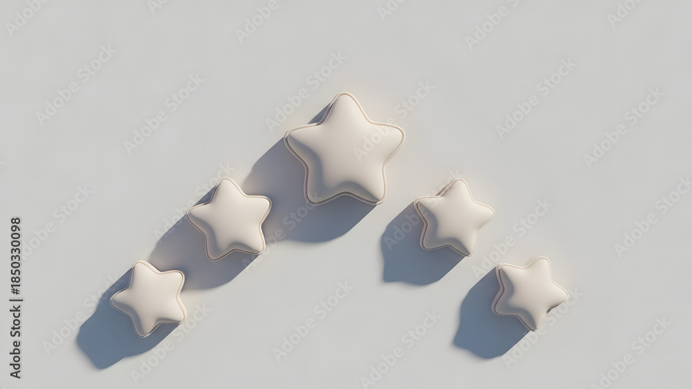 Fototapeta premium Five soft, 3D rendered white stars with a snowy texture, arranged in an arc on a light background with bokeh lights. Ideal for rating, feedback, review, and achievement concepts.