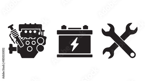 Car maintenance icons in simple flat design with bold black color on white background for automotive website