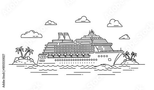 a detailed line drawing depicts a large cruise ship sailing on the ocean with palm trees and small islands present under a cloudy sky
