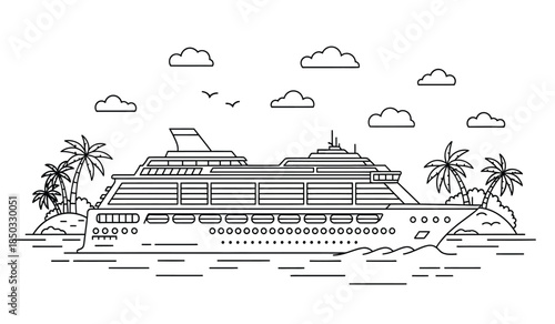a detailed sketch depicts a large cruise ship sailing on the ocean under a cloudy sky with palm trees high quality professional modern