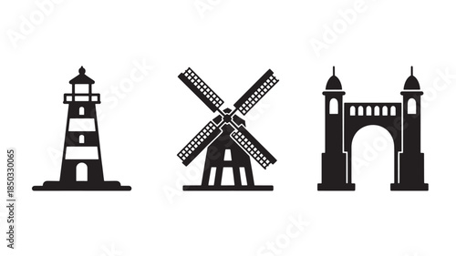Lighthouse, Windmill, and Archway Icons with natural lighting and detailed texture for commercial background