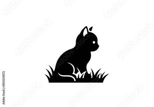 Black silhouette of a cute cat sitting in the grass simple vector logo design
