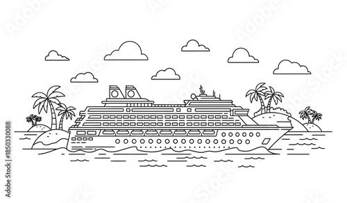 a detailed line art illustration depicts a large cruise ship sailing on the ocean near a tropical island with palm trees and clouds