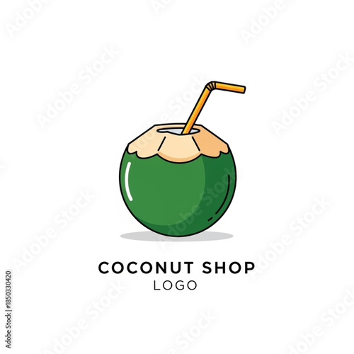Cartoon icon of a fresh green coconut drink with a straw, suitable for a tropical refreshment shop logo or branding