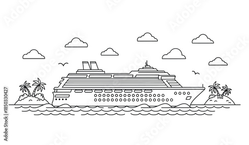 a detailed line drawing showcases a large cruise ship sailing on the open ocean framed by palm trees and fluffy clouds above