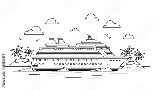a detailed line art illustration depicts a large cruise ship sailing on calm waters under a partly cloudy sky with palm trees and birds