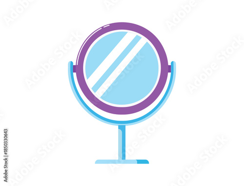 Round tabletop mirror with purple and blue frame on white background