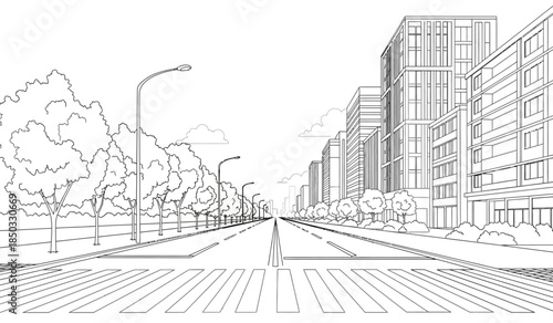 a detailed black and white sketch depicts a wide city street receding into the distance flanked by tall buildings and trees creating a sense of