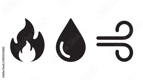 Fire, Water, and Wind Icons with natural lighting and detailed texture for commercial background