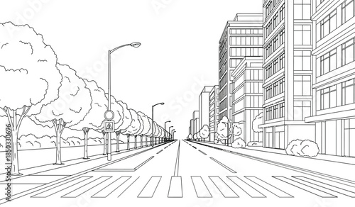 a detailed black and white line drawing depicts a long straight city street lined with tall buildings and trees high quality professional modern