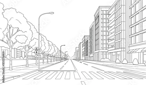 this detailed line art illustration depicts a long straight city street with buildings lining both sides trees and a clear perspective high quality