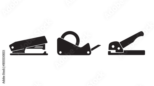 Staplers in various designs in black silhouette on white background for office supplies