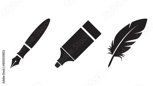 Fountain Pen, Marker, and Feather Quill in Simple Silhouette Design with Black Color on White Background for Stationery Illustration