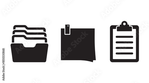 Black office documents in simple flat design with clean lines and minimalistic style for business icon set