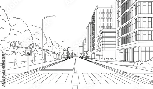 An artistic line drawing depicts a quiet city street lined with modern buildings trees and a crosswalk evoking a sense of urban tranquility