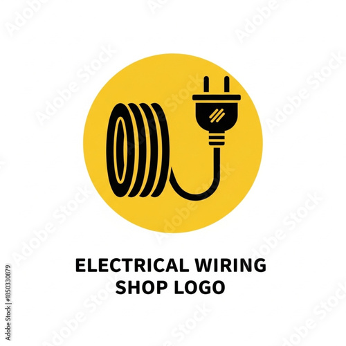 Simple black icon of an electrical cord and plug coiled next to a power outlet symbol on a yellow circle, ideal for an electrical wiring shop logo
