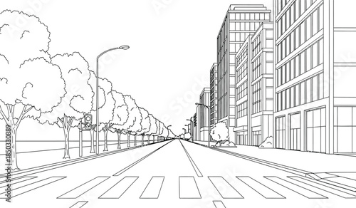 a detailed black and white line drawing depicts a long straight city street with tall buildings trees and a crosswalk high quality professional