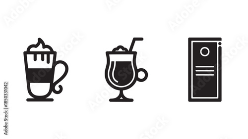Coffee and Cocktail Icons in Simple Flat Design with Black Color on White Background for Menu Template