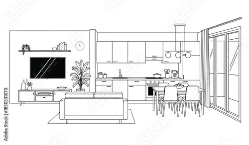 This minimalist interior design showcases an open concept living space featuring a sleek kitchen comfortable lounge area and large glass doors leading outside