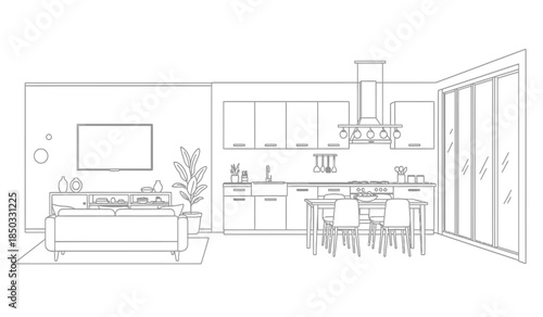 a minimalist outline of a modern living space featuring a combined kitchen dining and lounge area with large windows high quality professional detailed