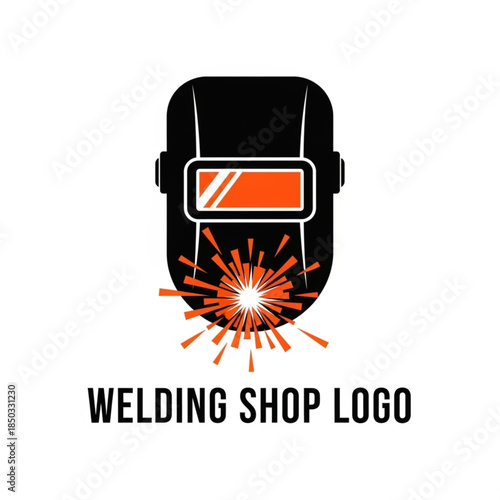 Minimalist welding shop logo icon featuring a black welding mask with orange sparks and white background, perfect for industrial branding.