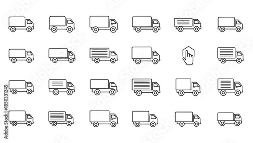 Array of simplistic delivery truck icons and a hand-clicking an icon, all drawn in thin black lines