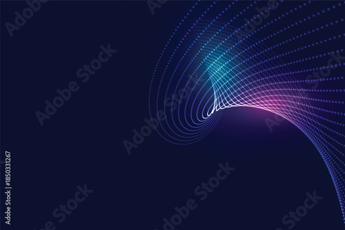 Abstract glowing neon particle wave swirling in futuristic digital space with dark blue background, dynamic motion design