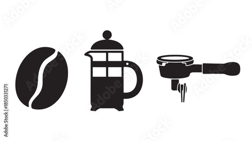 Coffee beans and brewing equipment in minimalist style with dark monochrome color on white background for cafe advertising