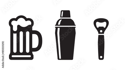 Cocktail Bar Icons in Minimalist Black Silhouette on White Background for Menu Design