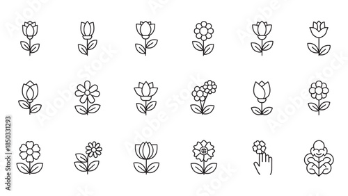 Assorted floral icons; some simple, some detailed, on stems and leaves, in a minimalist line art style