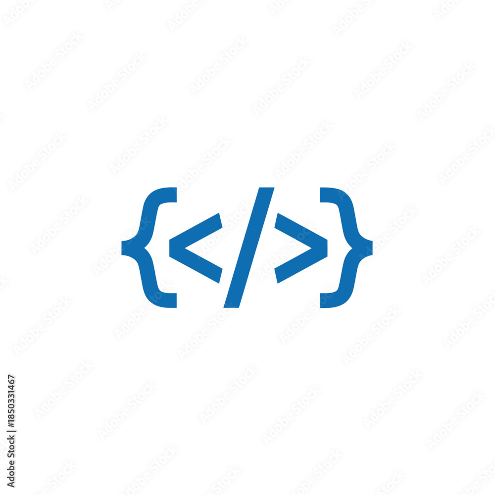 Obraz premium Blue coding brackets icon on gray checkered pattern background