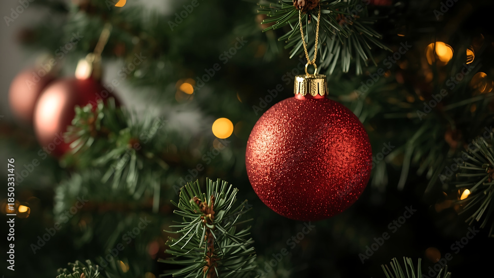 Fototapeta premium Red Glitter Christmas Ornament Hanging on Tree Branch with Lights