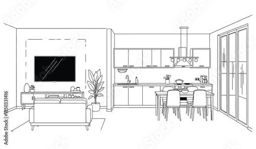 a minimalist interior design rendering showcases an open concept living space with a kitchen dining area and lounge featuring clean lines and neutral tones
