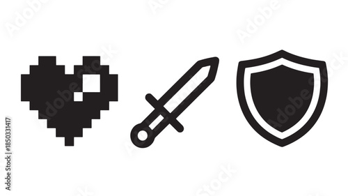 Pixel art heart, dagger, and shield icons in minimalist black style on white background for gaming UI