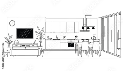a minimalist kitchen and living room interior design featuring white cabinetry a central island and large sliding glass doors to the outside