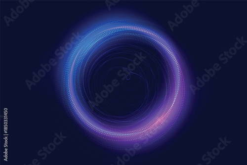 Circular glowing light particle ring with purple and blue neon gradient on dark background, technology concept