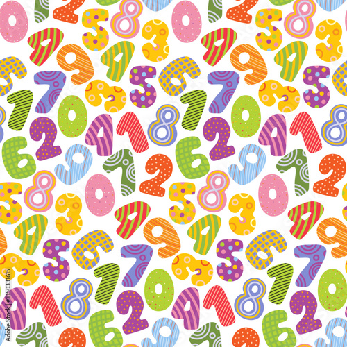 Colorful seamless pattern with hand-drawn numbers. Fun educational background for kids textiles, school stationery, and nursery decor. Vector illustration