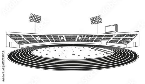 an illustration depicts a large empty stadium with a running track stadium seating and tall light towers depicted in black and white