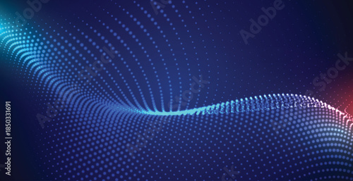 Wavy digital particle grid blue and red gradient background abstract technology futuristic concept data