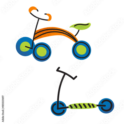 Bright toddler bicycle and kick scooter set. For kids sports branding, toy stores, and nursery decor. Minimalist flat vector illustration