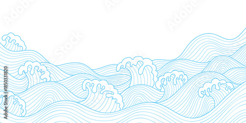 Japanese sea wave background vector. Blue wavy water lines design. Wallpaper design with blue and white ocean wave pattern backdrop. Modern luxury oriental illustration for cover, banner
