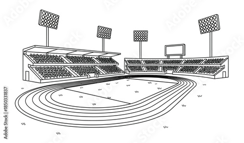 a detailed black and white illustration depicts an empty stadium featuring a running track seating and prominent stadium lights above high quality professional