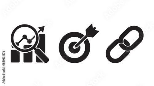 Black business icons in minimalist style with simple shapes and bold lines for marketing and branding